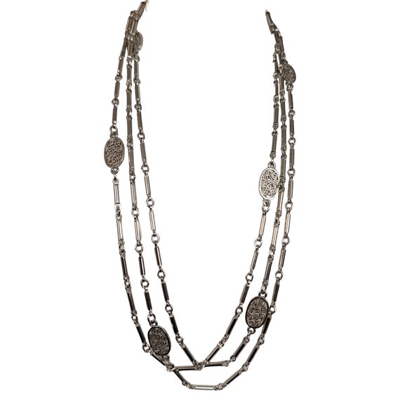 Monet Silver Tone Barrel Link Oval Filigree Station Chain Necklace 56” Long, Signed E44