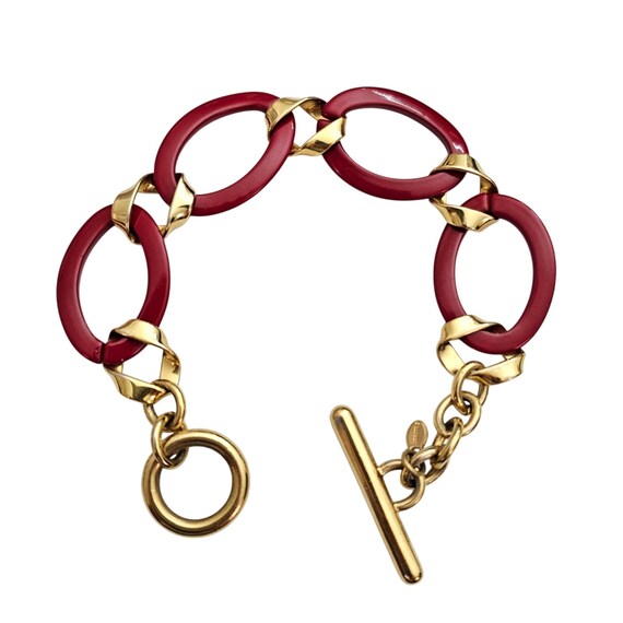 Monet Red Enamel Oval Chain Link Bracelet Vintage Signed J440