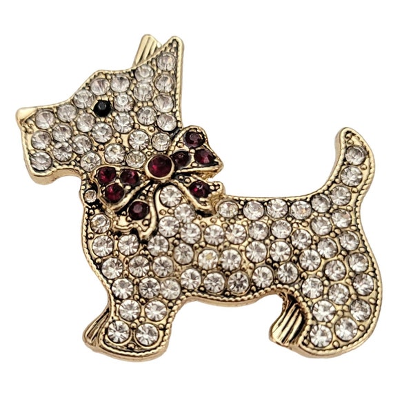Monet Gold Tone Clear, Red Rhinestone Pave Scottie Dog Brooch, Signed K727