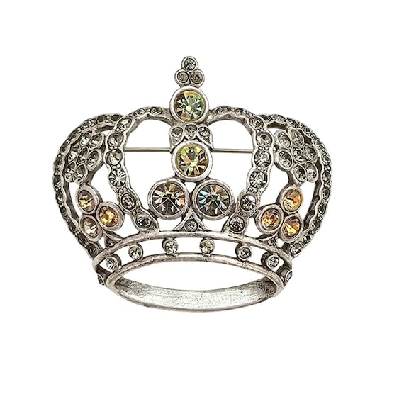 Anne Klein Silver Tone Crown Brooch, Smoky Vitrail Rhinestone Pin Signed, J303