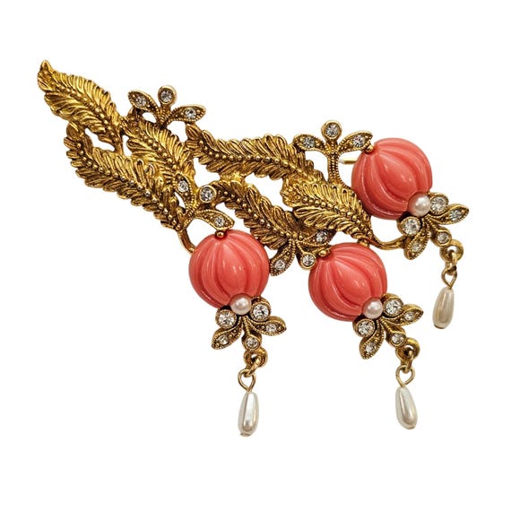 1928 Brand Faux Coral Pearl Dangle Brooch Fleur Leafy Fern Pin J722
