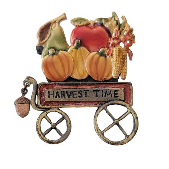 KC Kenneth Cole Harvest Time Vegetable Wagon Acorn Dangle Brooch Pin, Signed L15