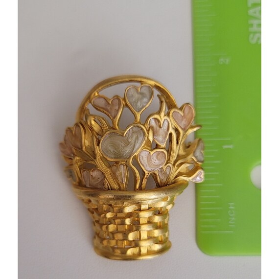 Gold Tone Enamel Basket Of Heart Flowers Brooch P… - image 6
