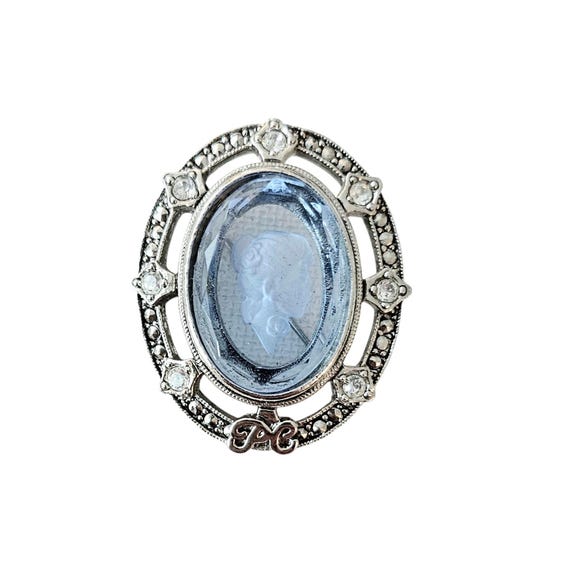 Avon 1998 Blue Glass Intaglio Cameo Brooch Oval Clear Rhinestone Pin, Signed