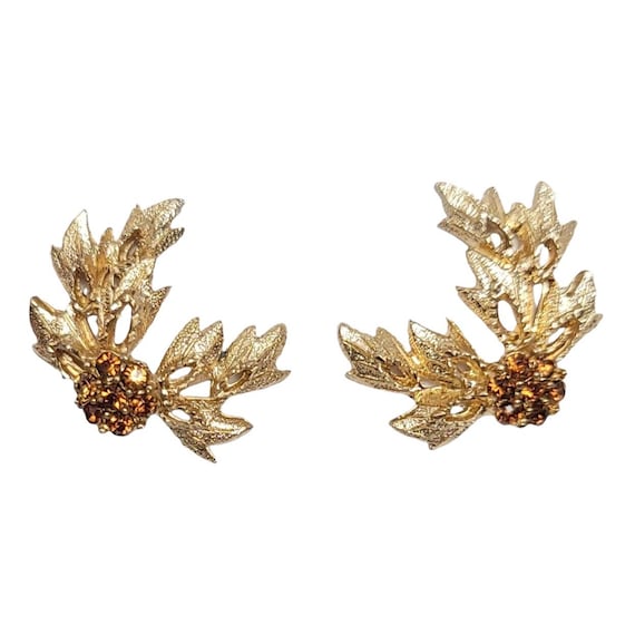 Bergere Gold Tone Topaz Rhinestone Brutalist Style Leaf Clip-On Earrings, Signed