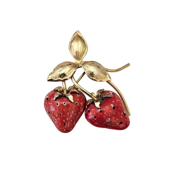 Creed 1-20 12K Gold Filled Red Enamel Strawberry Brooch Leaf Stem Pin, J868