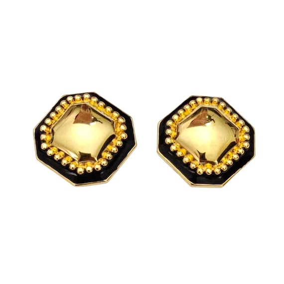 St. John Octagon Gold-Tone Black  Clip-On Earrings Signed, J893