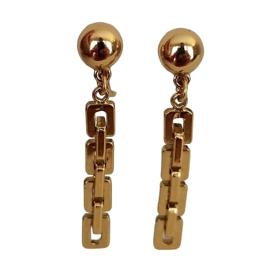 Monet Gold Tone Button, Chunky Chain Dangle Clip On Earrings, Signed M06