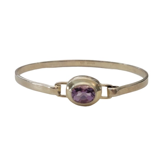 Roma Sterling Silver Amethyst Latch Closure Bangle Bracelet 7" Long, Signed E871