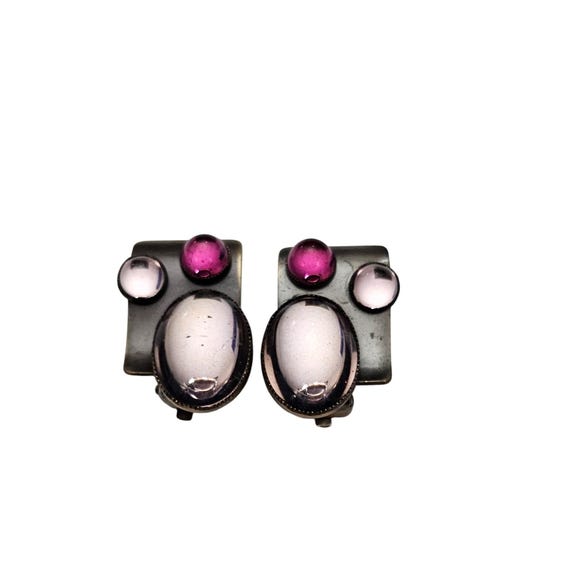 Germany Modernist Pink Cabochon Square Clip On Earrings J617