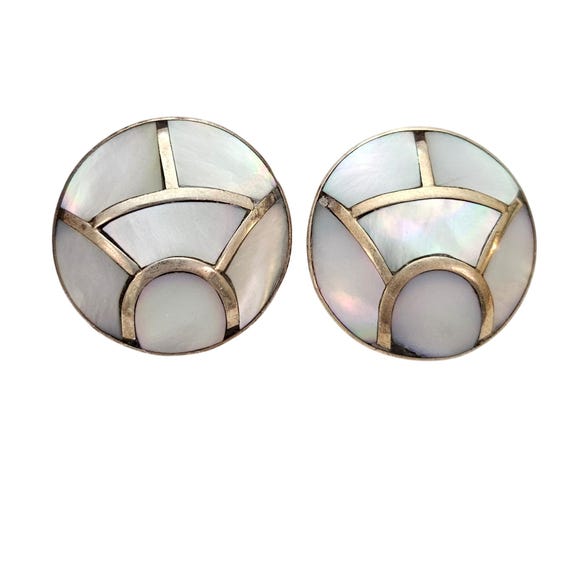 Mother Of Pearl Inlay Domed Clip-On Gold Tone Earrings, Italy C899