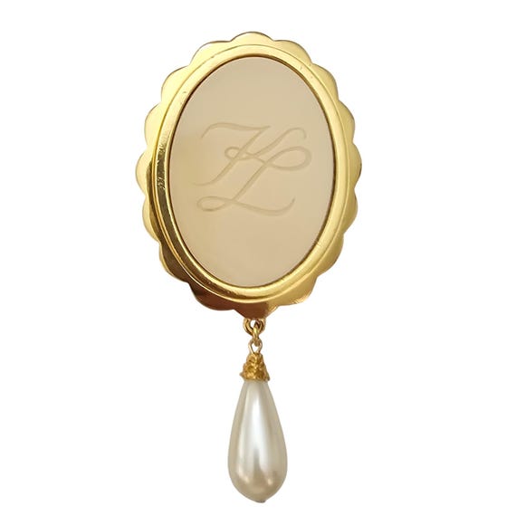Karl Lagerfeld Signature Brooch Glass Etched Oval Creme Faux Pearl Dangle C809