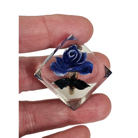Clear Lucite Reverse Carved Square Blue Rose Broo… - image 2