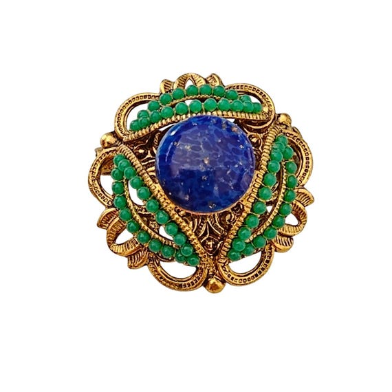 West Germany Blue Lapis Color Glass Stone Brooch Filigree Green Ball Pin J324