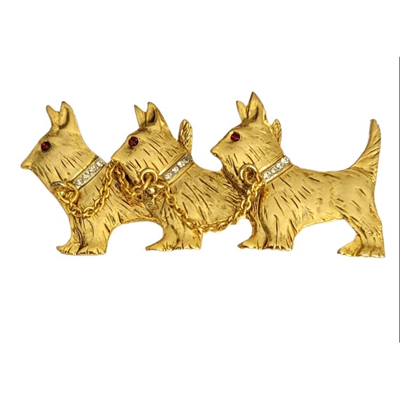 Gold Tone Red, Clear Rhinestone Scottie Terrier Dogs Trio Chain Collar Brooch K602