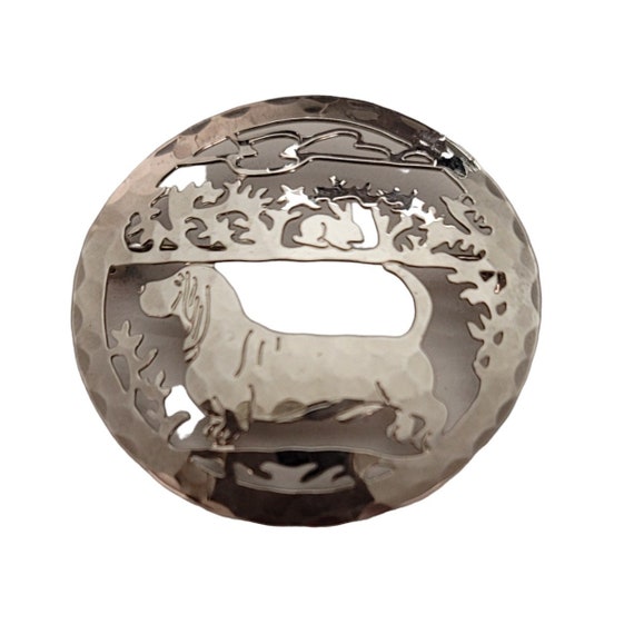 Signed TJI Silver Tone Laser Cut Open Round Weiner Dog Pin E270