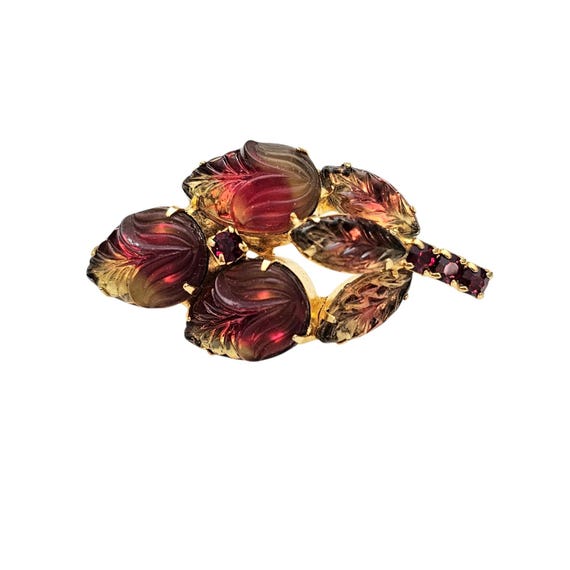 Red Jonquil Givre Molded Glass  Brooch, Leaf Rhinestone Pin