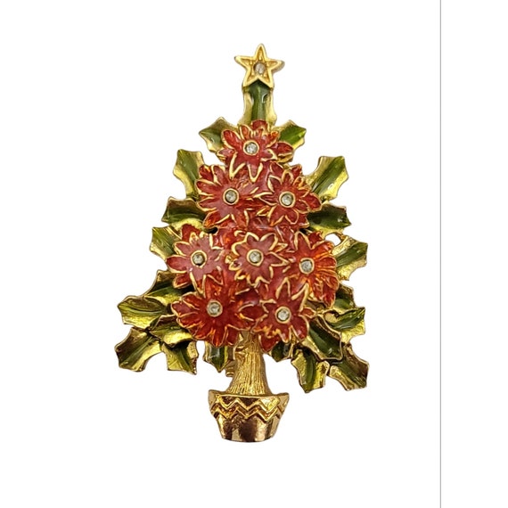 Christopher Radko Red Green Enamel Clear Rhinestone Poinsettia Christmas Tree Brooch, Signed K562