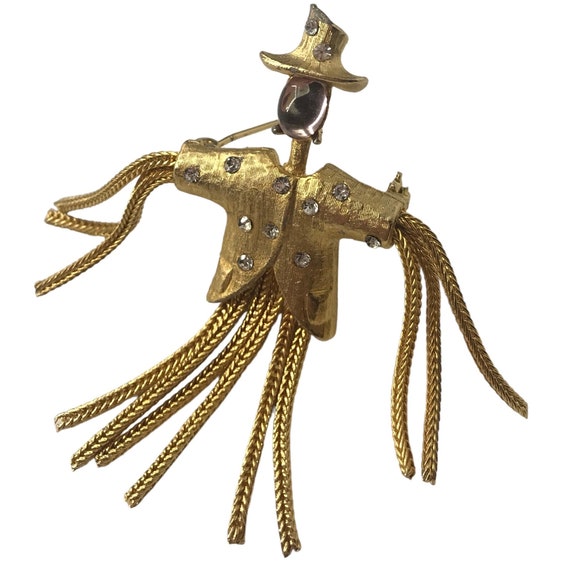 Gold Tone Clear Rhinestone, Cabochon Scarecrow Dangle Brooch Pin, Unsigned M77