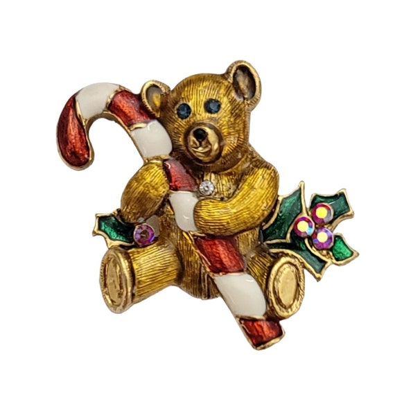 1928 Brand Red AB Rhinestone Christmas Teddy Bear Holly Cane Brooch Pin K661