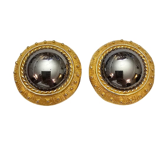 Etruscan Clip-On Gold Tone Domed Metallic Round Earrings Signed Jaded C790