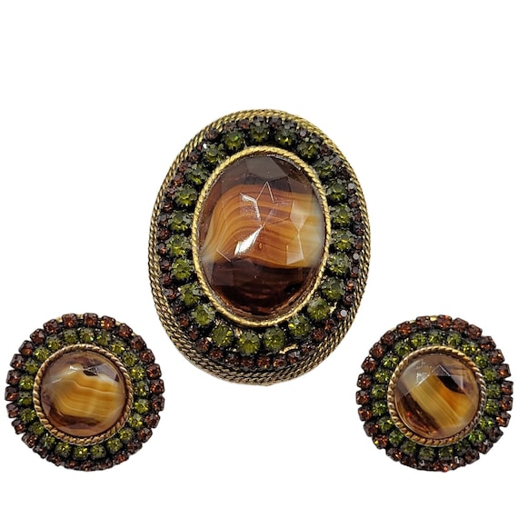 HAR Rootbeer-Colored Green Brown Rhinestone Clip Earrings and Pin Brooch, Set Signed