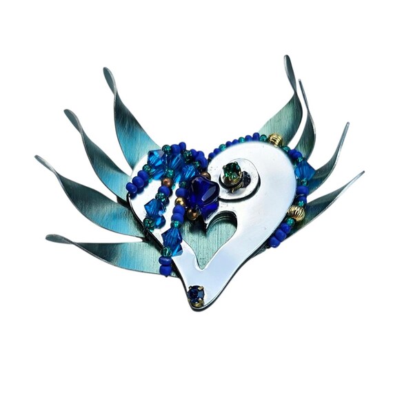 Liztech Blue Metal Crystal Heart Brooch Mirrored Rhinestone Pin, Signed
