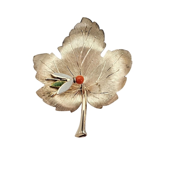 Krementz Gold Tone Fly On Leaf Brooch Coral Pin Signed, J706
