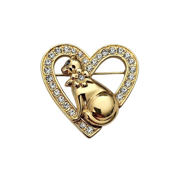 Monet Heart And Cat Brooch Clear Rhinestone Pin, Signed L570