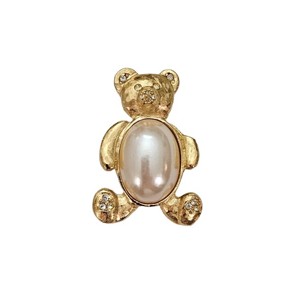Richelieu Clear Rhinestone Faux Pearl Teddy Bear Brooch Pin, Signed L403