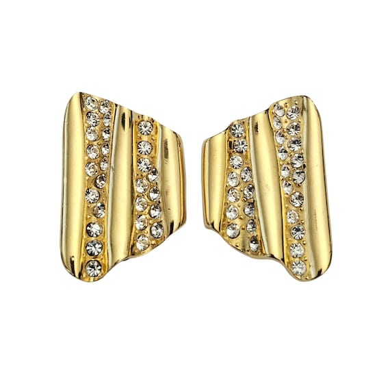 Givenchy Gold Tone Clear Rhinestone Clip On Wavy Chunky Squerish Earrings, C930