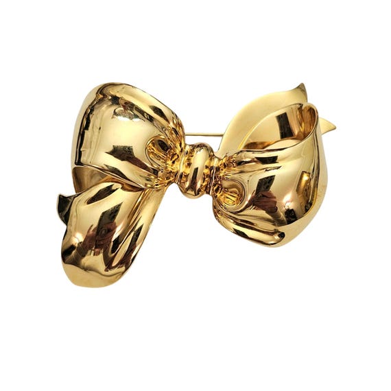 Monet Gold Tone Bow Brooch Vintage Glossy Dimensional Statement Pin Signed, C829