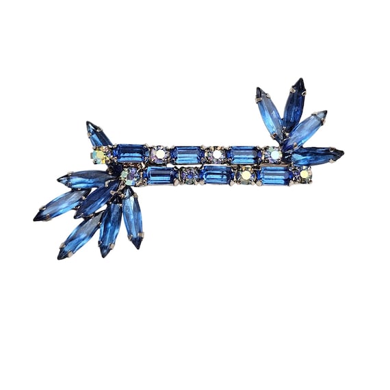 Blue Rhinestone Swag Bar Brooch Prong Set Vintage Pin J490