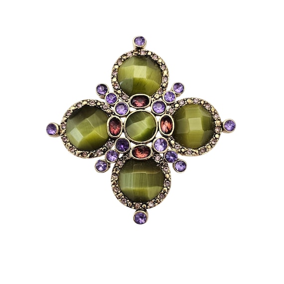 Monet Maltese Pink, Purple Cross Brooch, Green Faceted Glass Rhinestone Pin J633