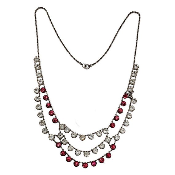 Art Deco Pink Clear Glass Open Back Rhinestone Silver Tone Festoon Necklace, 1-20 2K GF 16.5" Long  J103