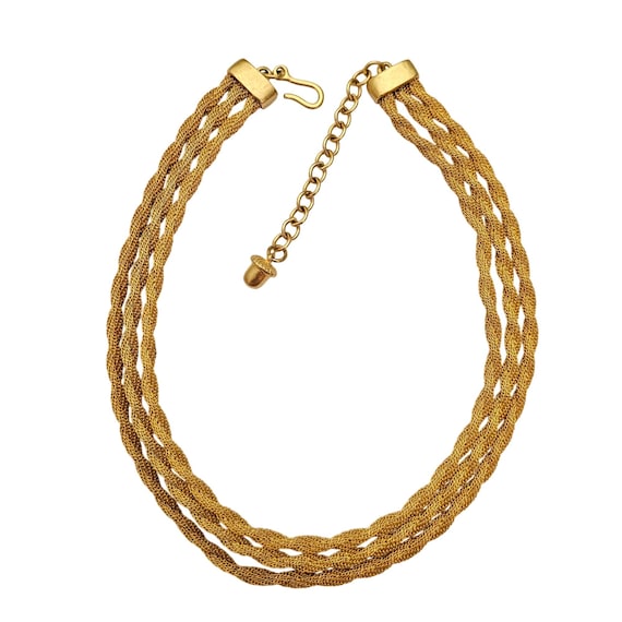 Gold Tone Mesh Twist Triple Strand Necklace Acorn Dangle Hook Clasp J639