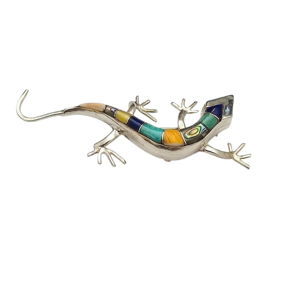 Sterling Silver Shell, Stone Inlay Gecko Brooch Pendant C686