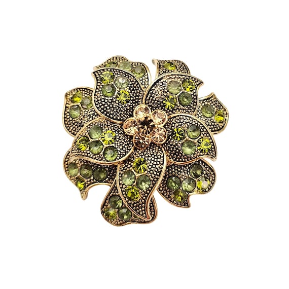 Lauren Conrad Green Rhinestone Flower Brooch, Layer Cluster Pin Signed, J742