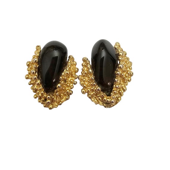 Swoboda Brutalist Black Stone Clip On Earrings Signed, C802