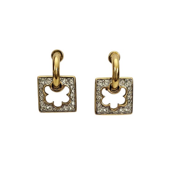 Swarovski Clear Rhinestone Square Flower Shape Dangle Clip-On Earrings, Signed L805