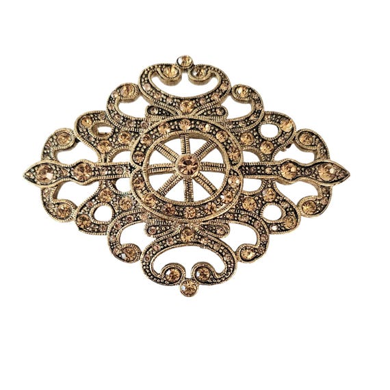 Monet Gold Tone Yellow Rhinestone Victorian Scroll Style Open Brooch Signed L248