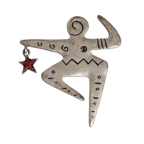 Silver Tone Modernist Dancer Rhinestone Red Star Dangle Pin Brooch E31