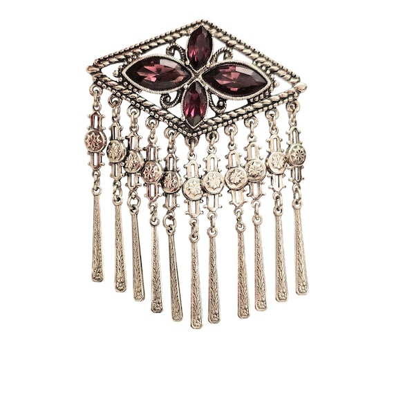 1928 Brand Nouveau Style Dangle Brooch Purple Rhinestone Scroll Bar Pin J573