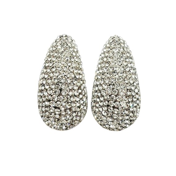 Jarin Silver Tone Clear Rhinestone Pave Clip On Earrings Teardrop Style, Signed