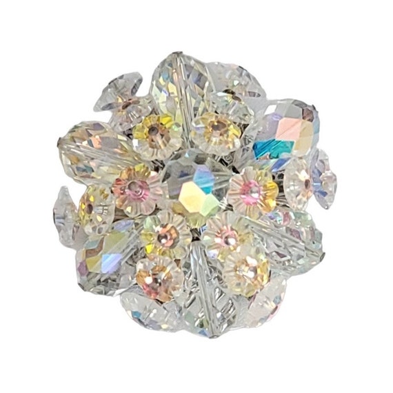 Vendome Vintage Silver Tone AB Glass, Faceted Flower Beaded Brooch, Signed K594