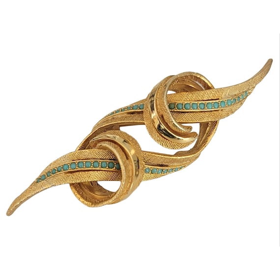 Hattie Carnegie Gold Tone Blue Cab Ribbon Knot Bar Brooch, Signed K569