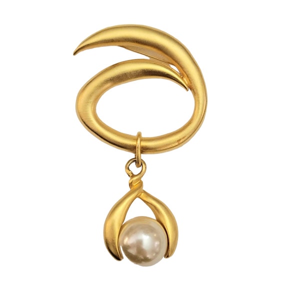 Matte Gold Tone Modernist Swirl Brooch With Faux Pearl Dangle Brooch K726