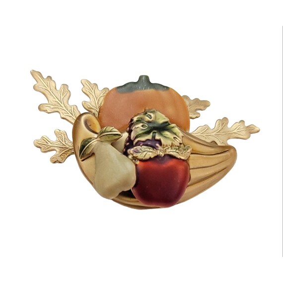 Gold Tone Red Orange Enamel Cornucopia Autumn Pumpkin Leaf Pin Brooch K121