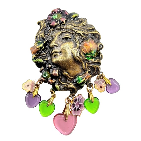 Art Nouveau Brass Mucha Style Lady Face Heart Flower Charm Dangle Brooch