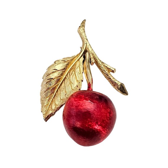 Red Enamel Cherry Brooch Hinged On Leaf Branch L433